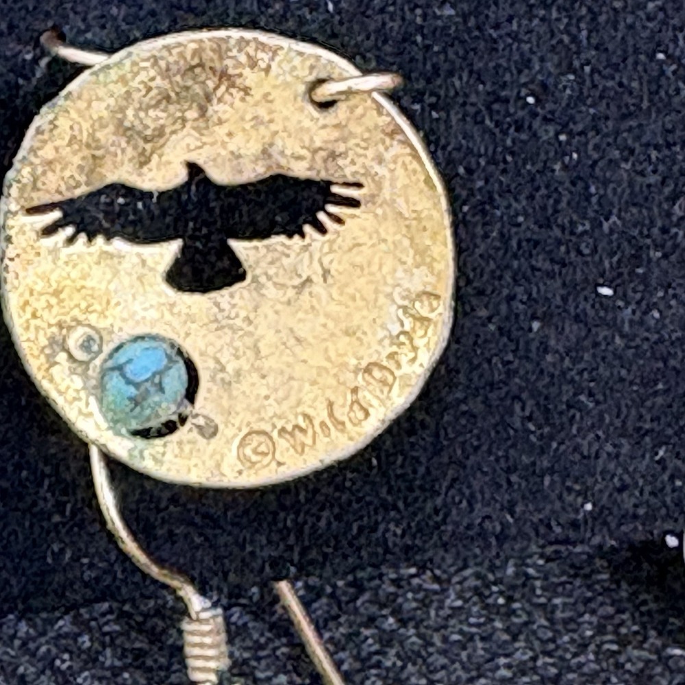 Wild Bryde Bird Turquoise Earrings Dangle Gold Tone Hawk Etched - Picture 4 of 6